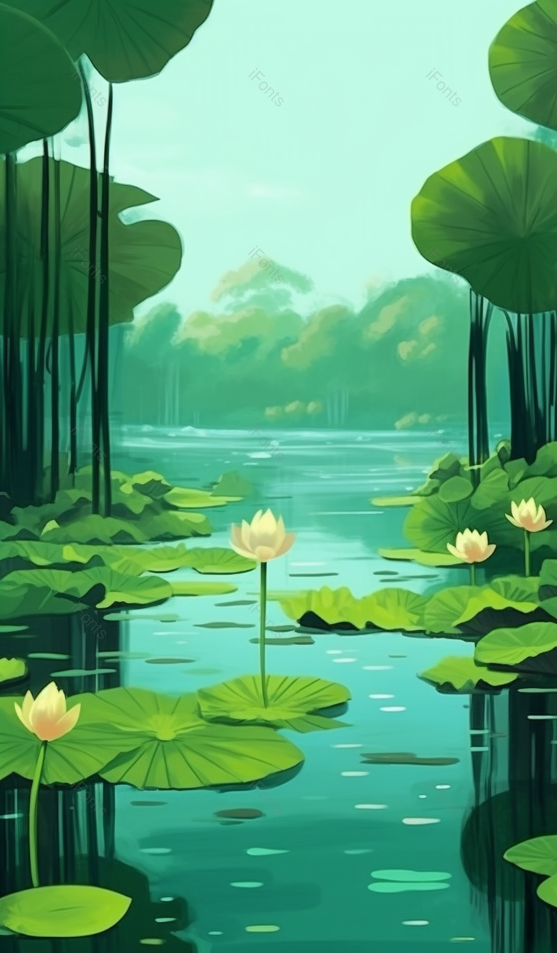 绿色夏至池塘的荷叶风景清新插画背景,插画/手绘图,插画/手绘图库,插画/手绘图下载,插画/手绘